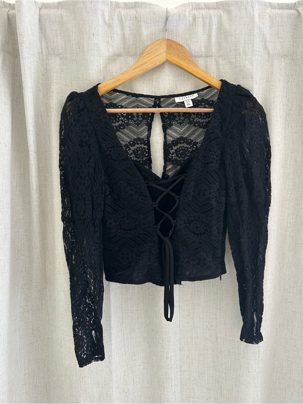 Topshop Black Lace Tie-Front Cropped Blouse